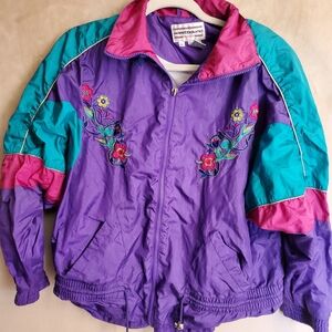 Westbound Women's Purple and Teal Bomber Jacket with Floral Design